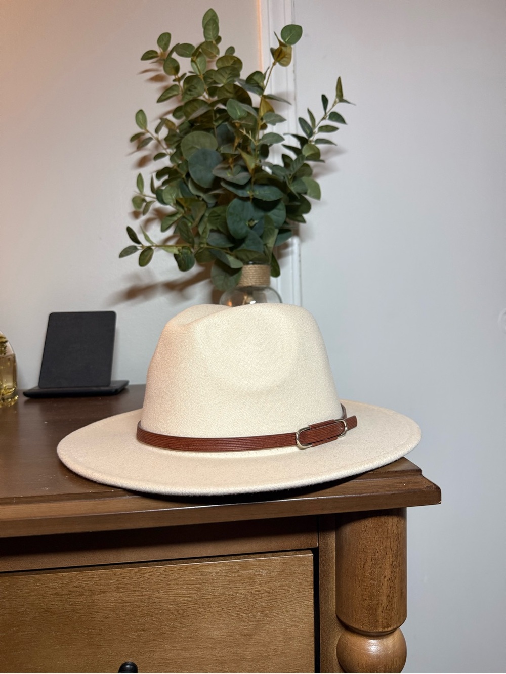 Cream Wide-Brim Fedora with Brown Leather Band